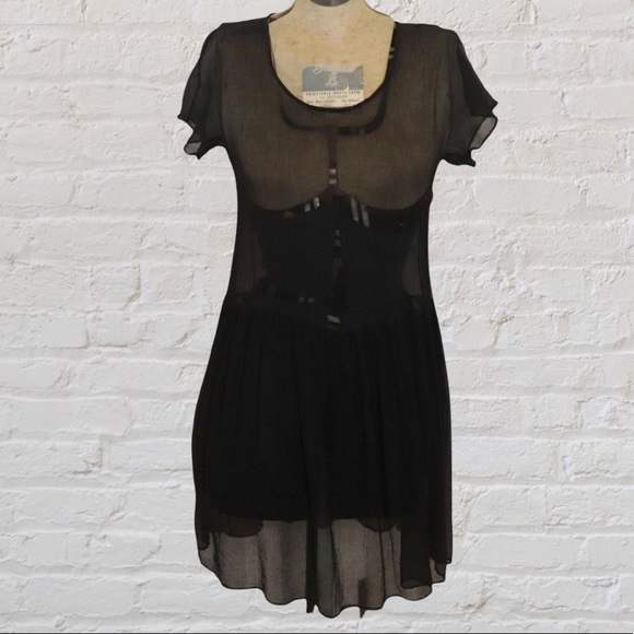 Lindsey Thornburg Black 100% Silk Boho Sheer Sort Sleeve Above Knee Slip Dress - Picture 1 of 13